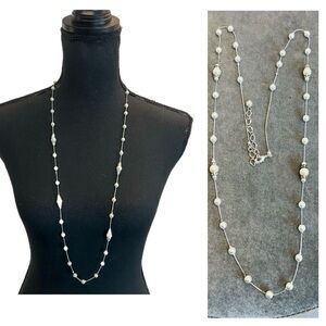 Faux pearl crystal rhinestone silver tone long necklace wedding bridal